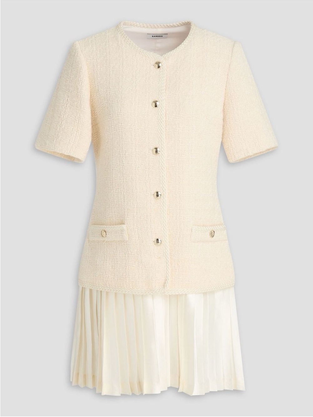 Sandro Cream Tweed Short-Sleeve Jacket with Gold Buttons 8 - Picture 1 of 11
